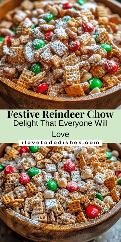 Get into the holiday spirit with Reindeer Chow Delight, a festive treat that brings joy to all ages! This easy-to-make snack combines Chex cereal, pretzel sticks, peanuts, M&Ms, and white chocolate for a sweet and savory crunch. Perfect for parties, gift-giving, or cozy family nights, this colorful mix is sure to delight. Customize with sprinkles for an extra festive touch! #ReindeerChow #HolidaySnacks #ChristmasTreats #FestiveFood #EasyRecipes