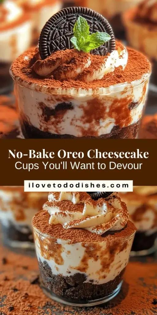 Satisfy your sweet tooth with these Decadent No-Bake Oreo Cheesecake Cups! This easy recipe requires no baking and combines the rich flavors of Oreo cookies with a creamy cheesecake filling. Perfect for any occasion, these individual dessert cups are simple to make and even easier to enjoy. Get creative with toppings like chocolate drizzle or fresh berries for that extra flair. Your guests will love this indulgent treat! #OreoCheesecake #NoBakeDessert #DessertCups #EasyRecipes #SweetTreats