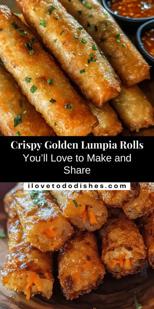 Discover the joy of making Golden Crispy Lumpia Rolls, a beloved Filipino dish that brings warmth to any gathering. These crispy rolls, filled with a savory mix of ground pork and fresh veggies, are perfect for parties or satisfying cravings. Learn step-by-step techniques for wrapping, frying, and serving Lumpia with delicious dipping sauces that will impress your guests. A culinary adventure awaits! #Lumpia #FilipinoFood #SnackRecipe #CrispyRolls #HomeCooking