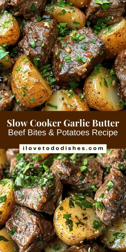 Looking for a comforting and easy meal? Try this Slow Cooker Garlic Butter Beef Bites & Potatoes recipe! It features tender beef and delicious baby potatoes simmered in a rich garlic butter sauce, making it the perfect family dinner. With minimal prep and lots of flavor, this dish is a winner for any busy night. Let the slow cooker do the work, filling your home with mouthwatering aromas. #slowcooker #beef #comfortfood #garlicbutter #recipe #easymeals #dinnerideas