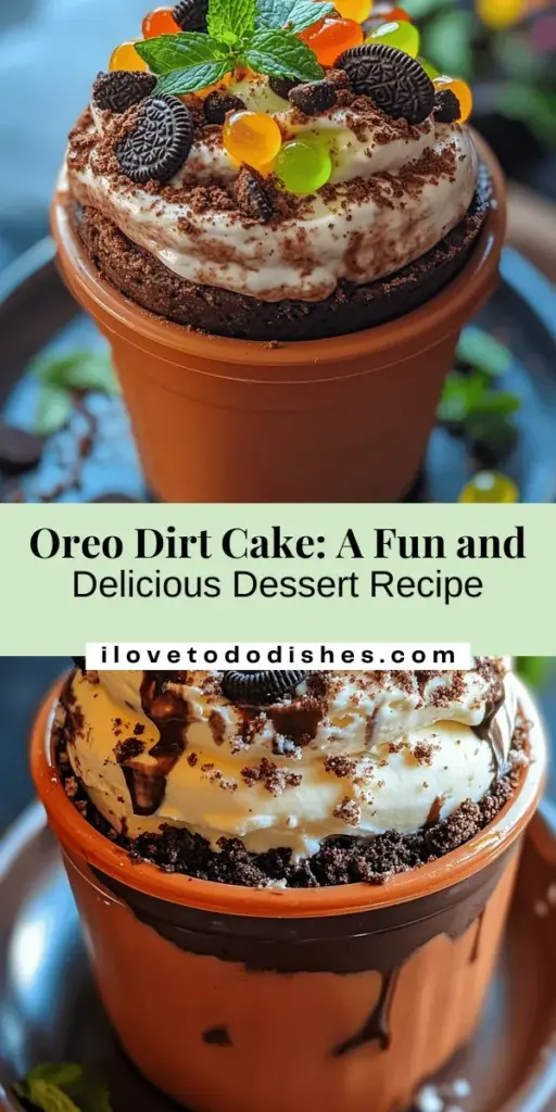 Discover the ultimate Oreo Dirt Cake recipe that's not just delicious but a fun treat for all ages! This playful dessert features layers of creamy chocolate goodness topped with crushed Oreos and optional gummy worms, perfect for parties and gatherings. Easy to make, it promises a delightful mix of textures and flavors that will captivate your guests. Get ready to dig in and enjoy! #OreoDirtCake #DessertRecipes #FunFoods #ChocolateDessert #PartyTreats #SweetTooth #BakingFun