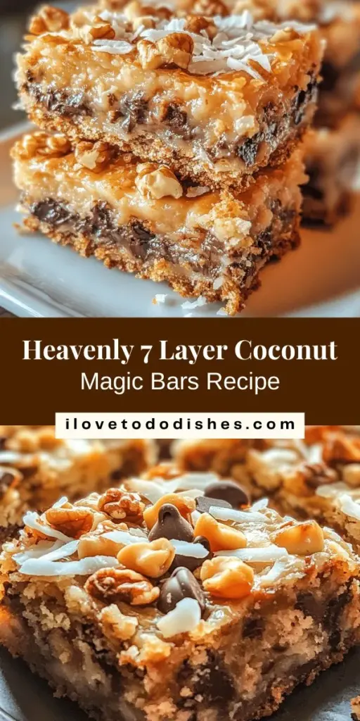 Indulge in the sweet symphony of flavors with this 7 Layer Coconut Magic Bars recipe! These delightful bars combine a chewy graham cracker crust, layers of sweetened coconut, semi-sweet chocolate, butterscotch chips, and a drizzle of condensed milk, all topped with crunchy nuts and a sprinkle of sea salt. Perfect for any occasion, these bars are a crowd-pleaser that will have everyone asking for seconds! Try them out for your next gathering! #CoconutMagicBars #DessertRecipes #BakingJoy #SweetTreats #7LayerBars #FamilyFavorites #DessertLovers