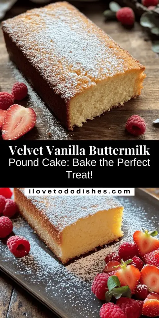 Indulge in the charm of baking with this Velvet Vanilla Buttermilk Pound Cake! Its rich butteriness and moist texture, enhanced by buttermilk's subtle tang, offer a delightful treat for any occasion. Perfect for sharing, this cake celebrates simplicity and versatility, making it a favorite among bakers. Try adding citrus zest or nuts for a personal touch! Enjoy every bite of this delicious creation. #Baking #PoundCake #CakeRecipe #Vanilla #HomemadeDelights #DessertIdeas