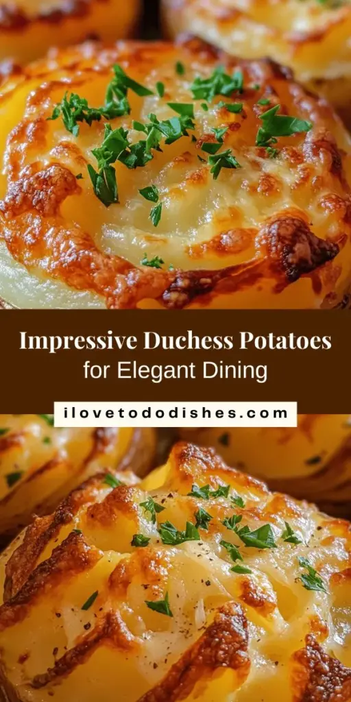 Elevate your dinner with this Elegant Duchess Potatoes recipe! This classic French dish combines creamy Yukon Gold potatoes, rich butter, and savory cheese into visually stunning piped shapes. Perfect for special occasions, these potatoes offer a delightful balance of flavor and presentation. Impress your guests with this luxurious side that pairs beautifully with roast meats or festive meals. Discover the art of making Duchess Potatoes today! #DuchessPotatoes #FrenchCuisine #ElegantDining #SideDish #ComfortFood #CulinaryArt #ImpressYourGuests