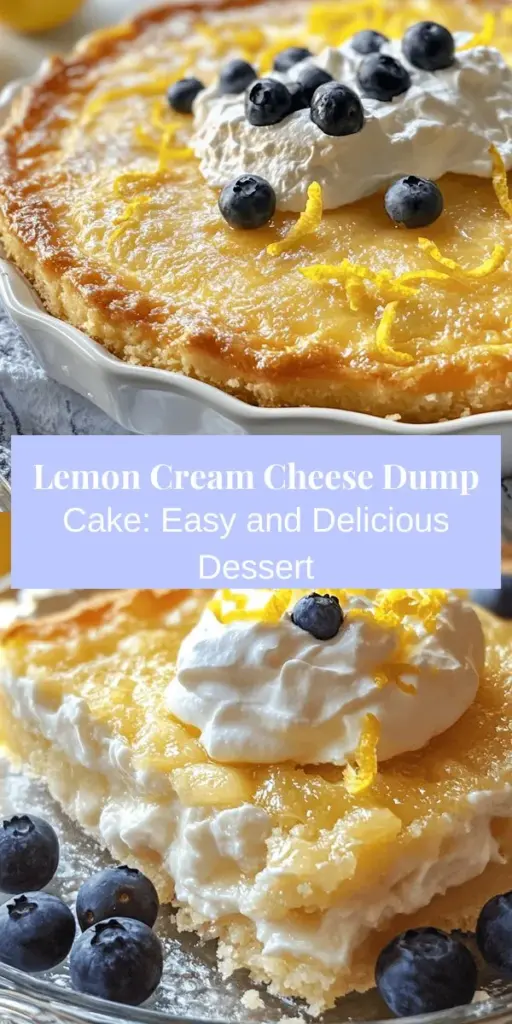 Indulge in the refreshing taste of Luscious Lemon Cream Cheese Dump Cake! This easy-to-make dessert combines zesty lemon flavor with rich cream cheese, creating a delightful treat perfect for any occasion. With its simple preparation method and customizable options, even novice bakers can impress their guests. Serve warm with whipped cream or fresh berries for an extra touch. Try this crowd-pleaser today! #DumpCake #LemonDessert #EasyBaking #BakingFromScratch #DessertRecipes