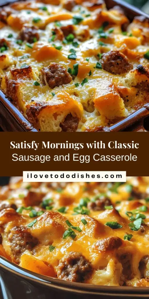 Start your day with a delicious Classic Breakfast Sausage and Egg Casserole! This hearty dish combines savory sausage, fluffy eggs, and gooey cheese, making it perfect for busy mornings or family gatherings. Easy to customize for dietary needs, this casserole can be prepared ahead of time and simply reheated when you're ready to serve. Enjoy a satisfying breakfast that will please everyone! #BreakfastCasserole #MealPrep #BrunchIdeas #ComfortFood #EasyRecipes