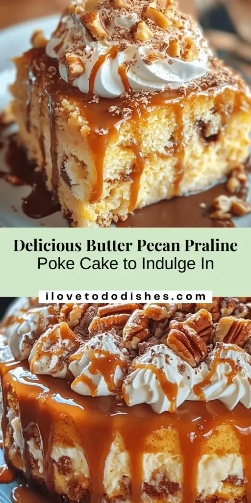 Indulge in the rich flavors of our Decadent Butter Pecan Praline Poke Cake! This delightful dessert features a moist cake infused with creamy dulce de leche, topped with fluffy whipped cream and crunchy pecans. Perfect for celebrations or a sweet treat at home, this poke cake is easy to make and customizable. Elevate your dessert game with this irresistible recipe! #PokeCake #DessertRecipe #ButterPecan #SweetTreats #HomemadeDelight #BakingJoy