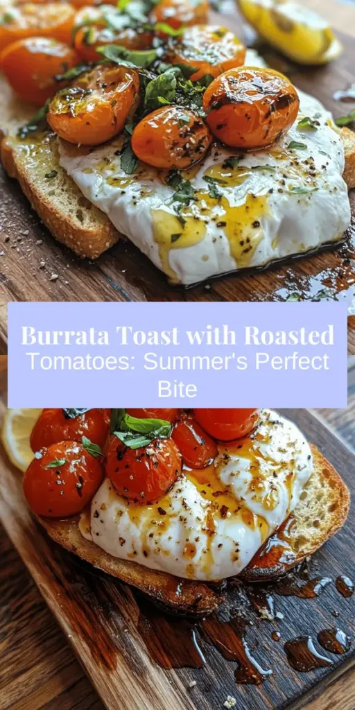 Discover the perfect summer dish with Burrata Bliss and Roasted Cherry Tomato Toast! This vibrant recipe showcases creamy burrata cheese paired with sweet, caramelized roasted tomatoes on crispy toasted ciabatta or sourdough bread. Ideal for brunch or as a light appetizer, it's not just delicious but also a visual delight. Make it your go-to summer treat! #Burrata #SummerRecipes #RoastedTomatoes #Delicious #BrunchIdeas #Foodie #HealthyEats #Yummy #SummerDelight