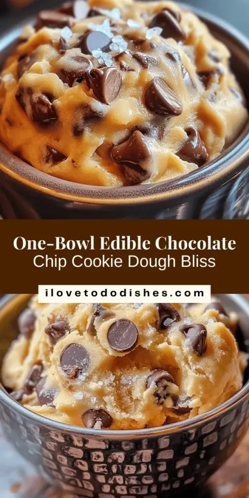 Indulge in the rich, buttery goodness of One-Bowl Edible Chocolate Chip Cookie Dough Delight! This delicious treat is a safe and easy way to enjoy cookie dough without baking or raw ingredients. Perfect for a quick dessert or a fun kitchen project, it features heat-treated flour and no raw eggs, making it a guilt-free indulgence. Customize with nuts or different chocolate types and enjoy straight from the bowl! #CookieDough #Dessert #EdibleCookieDough #BakingFun #SweetTreats #NoBaking #HomemadeDelight #InstaFood