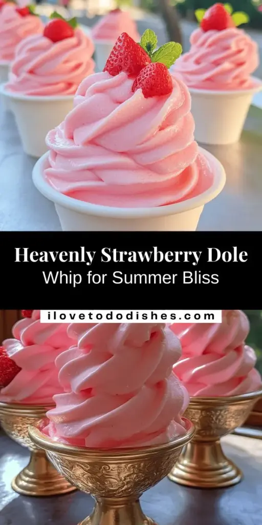 Beat the heat this summer with a delicious twist on a classic treat! Introducing the Heavenly Strawberry Dole Whip Delight, a refreshing frozen dessert made with frozen strawberries, creamy coconut milk, and a touch of natural sweetness. This simple recipe is perfect for warm days and can be customized to suit your tastes. Indulge guilt-free in this creamy delight that is vegan and dairy-free, making it a perfect treat for everyone! #DoleWhip #StrawberryDessert #HealthyTreats #FrozenDessert #SummerVibes