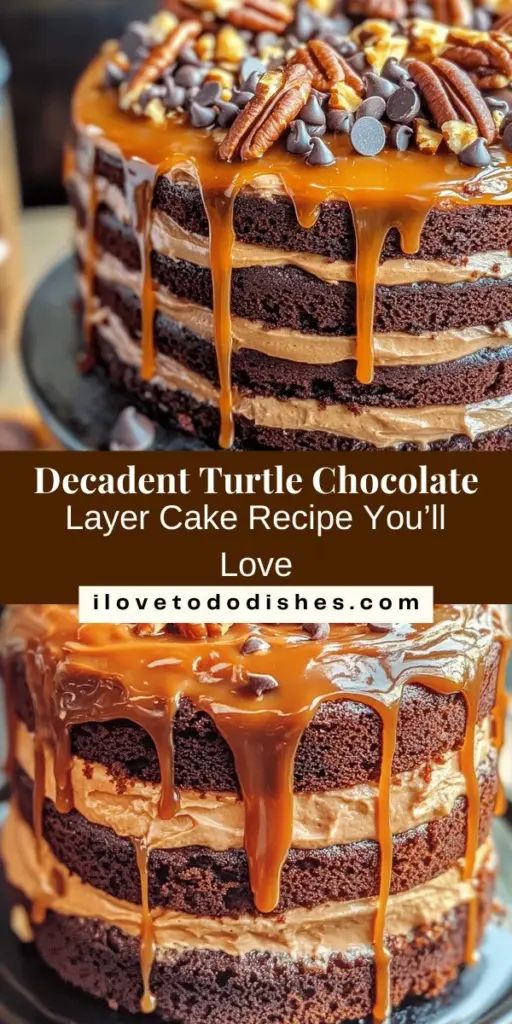 Indulge in the ultimate dessert experience with this Turtle Chocolate Layer Cake! This rich, multi-layered treat combines moist chocolate cake, creamy frosting, and luscious homemade caramel, all topped with crunchy nuts for a delightful texture. Perfect for any celebration or a sweet treat at home, this recipe guides you step-by-step to create a stunning centerpiece. Dive into the world of chocolate, caramel, and joy! #TurtleCake #ChocolateLovers #BakingJoy #DessertRecipe #CakeDecorating #IndulgentTreats