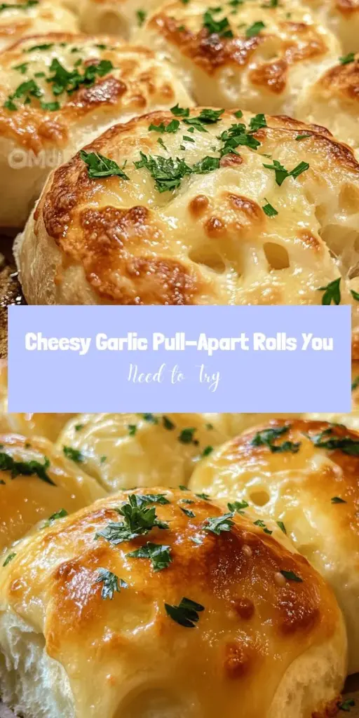 Indulge in the comforting flavors of Cheesy Garlic Pull-Apart Rolls, the perfect treat for any occasion! These warm, buttery rolls filled with gooey cheese and aromatic garlic are ideal as a side dish, appetizer, or stand-alone snack. Made with simple ingredients and easy steps, you'll enjoy the delightful experience of sharing this homemade goodness with loved ones. Explore the recipe and make meal times memorable! #CheesyGarlicRolls #ComfortFood #HomemadeGoodness #BakingLove #FoodieFavorite