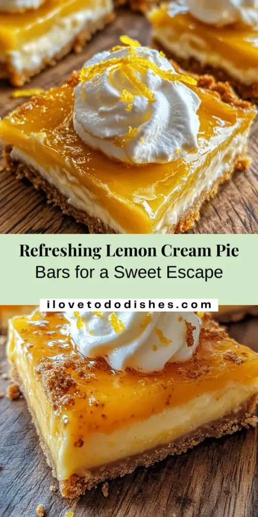 Indulge in the refreshing taste of Luscious Lemon Cream Pie Bars! This delightful dessert features a buttery graham cracker crust and a zesty lemon filling, topped with airy whipped cream. Perfect for summer picnics or gatherings, these creamy bars combine the best elements of classic lemon bars and pie. Easy to make, these treats will impress everyone! Try them today for a deliciously tangy dessert experience! #DessertRecipes #LemonBars #Baking #SweetTreats #SummerDesserts #EasyRecipes #YummySnacks