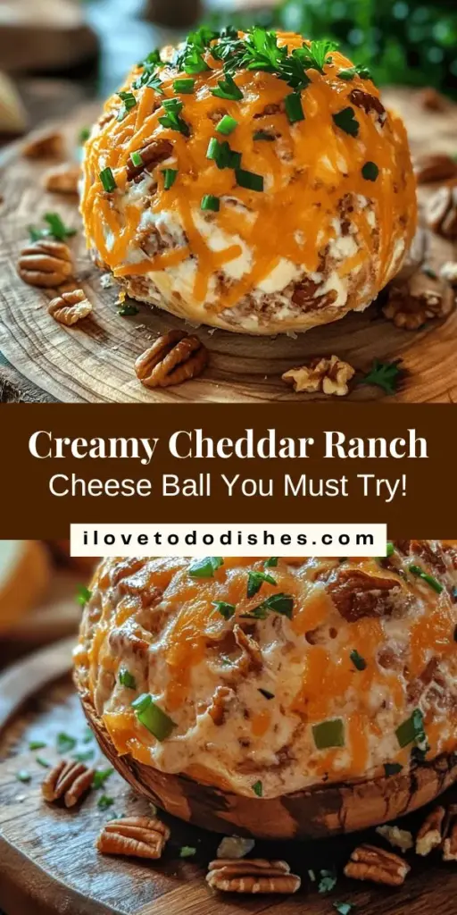 Elevate your appetizer game with this Creamy Irresistible Cheddar Ranch Cheese Ball! Perfect for any gathering, it’s a delightful blend of cream cheese, sharp cheddar, tangy sour cream, and zesty ranch seasoning. This dish not only packs a flavor punch but can be made ahead of time, allowing you to enjoy the party. Serve it with fresh veggies or crunchy crackers for the ultimate crowd-pleaser. #CheeseBall #Appetizer #PartyFood #Recipe #Yum