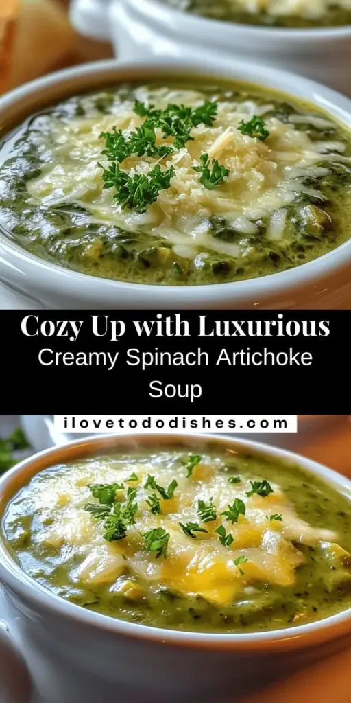 Warm up with a bowl of luxurious creamy spinach artichoke soup! This deliciously rich dish combines fresh spinach and artichokes to create a velvety texture packed with nutrients. Perfect for chilly evenings or casual gatherings, this soup can be served as an appetizer or a main course alongside crusty bread. Dive into this easy recipe that promises comfort in every spoonful. #SpinachArtichoke #CreamySoup #ComfortFood #HealthyEating #CozyRecipes #SoupSeason