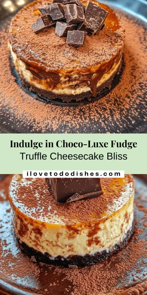 Indulge in the heavenly taste of Choco-Luxe Fudge Truffle Cheesecake, a delightful dessert that pairs rich chocolate flavors with creamy cheesecake. Featuring a crunchy chocolate cookie crust, a velvety filling, and a luxurious fudge topping, this treat is perfect for any occasion, from birthdays to cozy nights in. Impress your guests or savor it yourself—every bite is a decadent experience! #Cheesecake #ChocolateLovers #DessertGoals #BakingJoy #SweetTreats #Indulgence