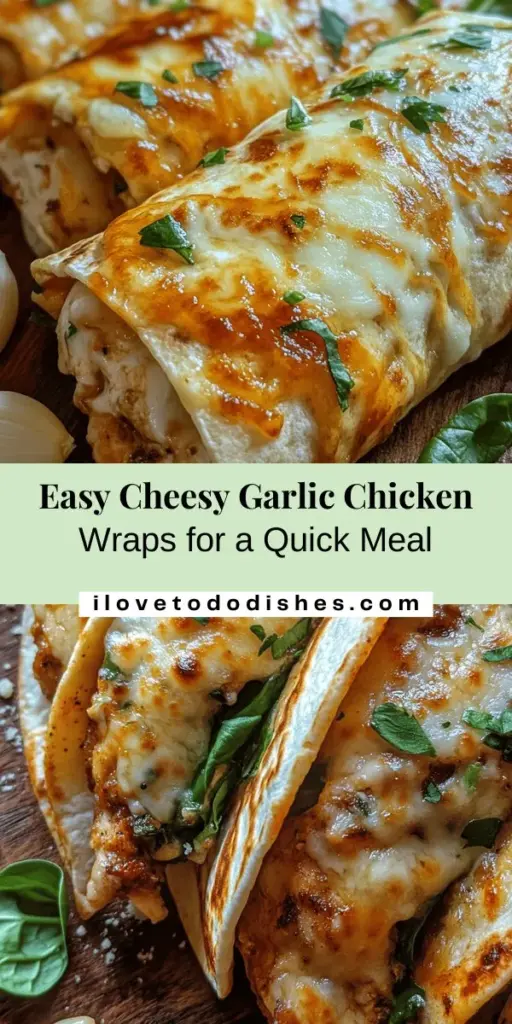 Discover the ultimate comfort food with cheesy garlic chicken wraps! These easy-to-make wraps combine juicy chicken, creamy cheeses, and fresh spinach wrapped in a warm tortilla. Perfect for busy weeknights or casual gatherings, they are satisfying and customizable for every taste. Dive into a delicious meal that brings the whole family together with minimal fuss. Try these wraps today! #CheesyGarlicChickenWraps #EasyRecipes #ComfortFood #FamilyDinner #QuickMeals #WrapItUp