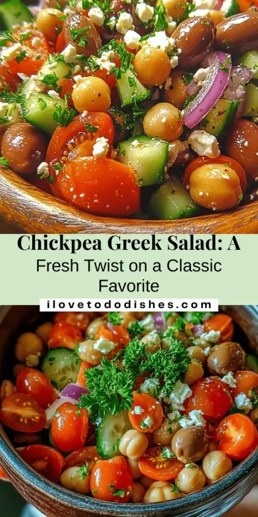 Discover the vibrant flavors of a Refreshing Chickpea Greek Salad! Packed with protein-rich chickpeas, crunchy cucumbers, juicy cherry tomatoes, and tangy feta, this nutrient-dense salad is perfect for any occasion. Quick to prepare, it's great for meal prep, picnics, or as a side dish. Fresh herbs and a zesty dressing elevate this Mediterranean classic, making it a delicious, healthy choice. #GreekSalad #ChickpeaSalad #HealthyEating #MealPrep #MediterraneanDiet