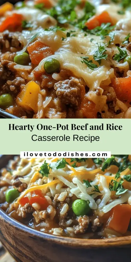 Discover the comforting warmth of a Savory One-Pot Beef and Rice Casserole! This delicious, easy-to-make dish blends hearty beef, fluffy rice, and colorful veggies into a satisfying meal perfect for family dinners or potlucks. With its rich flavors and simple cleanup, this recipe is ideal for busy lives! Customize it to your taste with different proteins or seasonal vegetables. Embrace the joy of cooking and share this delightful casserole with loved ones! #Casserole #OnePotMeals #ComfortFood #BeefAndRice #FamilyDinner #RecipeIdeas #CookingAtHome