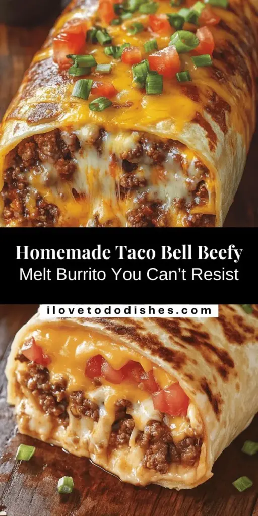 Satisfy your cravings with this homemade Taco Bell-Inspired Beefy Melt Burrito! Packed with seasoned ground beef, creamy cheese, and fresh toppings, this recipe brings the beloved fast-food classic to your kitchen. Perfect for casual gatherings or weeknight dinners, you can customize the ingredients for a healthier twist without sacrificing flavor. Dive into this delicious meal and enjoy every bite! #TacoBell #BurritoRecipe #HomemadeDelight #ComfortFood #Foodie #CookingAtHome