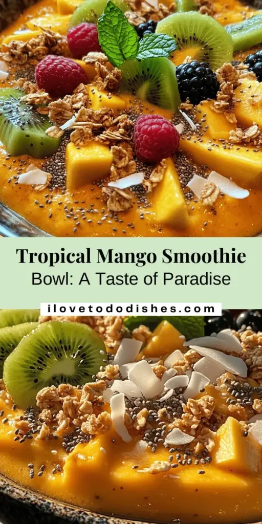 Experience a taste of paradise with this Tropical Creamy Mango Smoothie Bowl! Packed with the goodness of mangoes, bananas, coconut milk, and Greek yogurt, this nutritious recipe is perfect for breakfast or a refreshing snack. Customize your bowl with delicious toppings like granola, chia seeds, and fresh berries for extra flavor and health benefits. Enjoy a vibrant, creamy treat that's not just beautiful but also good for you! #SmoothieBowl #HealthyEating #MangoDelight #TropicalFlavors #NutritiousSnacks