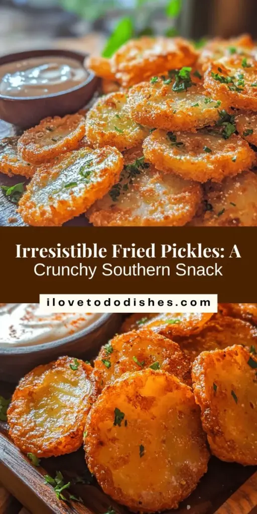 Discover the irresistible charm of Fried Pickles, a beloved Southern snack that’s perfect for any gathering. This crunchy delight features dill pickle chips coated in a seasoned flour mixture and fried to golden perfection. Whether you serve them as an appetizer or a game day treat, fried pickles are sure to impress your guests. Don't forget to pair them with delicious dipping sauces for an extra kick! #FriedPickles #SouthernCuisine #SnackIdeas #Appetizers #Foodie