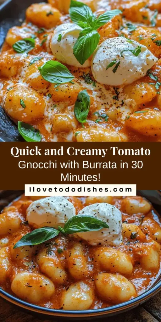 Looking for a quick yet indulgent meal? Try this 30 Minute Creamy Tomato Gnocchi with Burrata! This delightful dish combines tender potato gnocchi with a rich, creamy tomato sauce, elevated by the luxurious flavor of burrata cheese. Made in just 30 minutes, it's perfect for busy nights or impressing guests. Enjoy a gourmet experience with fresh ingredients and simple steps! #Gnocchi #ItalianFood #QuickMeals #Foodie #CookingAtHome #ComfortFood #Burrata #PastaLovers