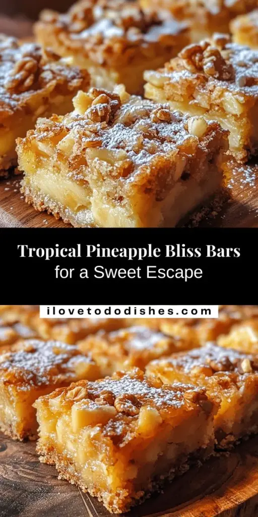 Indulge in the tropical flavors of Pineapple Bliss Bars! These delicious treats combine sweet pineapple, rich coconut, and a buttery base, creating a delightful burst of sunshine in every bite. Perfect for summer gatherings, picnics, or a cozy snack at home, these bars are easy to make and sure to impress. Enjoy the beautiful textures and flavors while reaping the health benefits of pineapple. Start baking today! #PineappleBlissBars #TropicalDesserts #HomemadeTreats #BakingJoy #FruitDesserts #SweetTreats #DessertRecipes