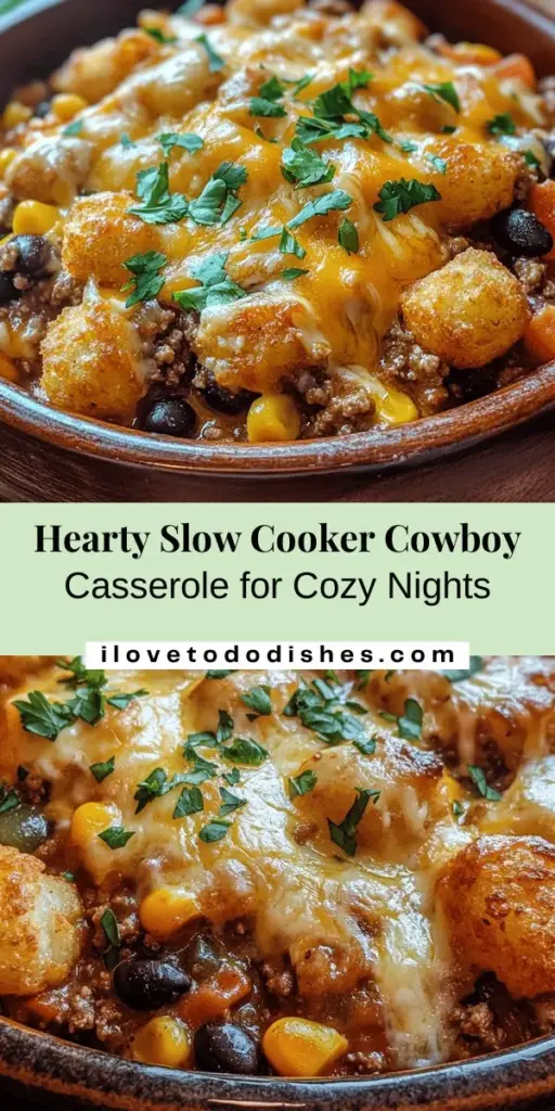 Looking for a comforting and delicious meal that requires minimal effort? Try this Slow Cooker Cowboy Casserole! Packed with hearty ingredients like ground beef or turkey, black beans, corn, tater tots, and melty cheese, it’s perfect for busy weeknights or casual gatherings. With a blend of savory spices and simple prep, this dish will warm your heart and fill your stomach. Dive into this family favorite recipe today! #CowboyCasserole #SlowCookerMeals #ComfortFood #HeartyDinner #EasyRecipes #FamilyDinner #Casserole