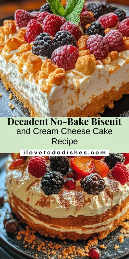 Discover the perfect blend of simplicity and indulgence with this Decadent Biscuit and Cream Cheese Cake. This no-bake dessert is a showstopper for any occasion, featuring a crunchy biscuit base combined with a luscious cream cheese filling. Easy to make and customizable to your taste, it's sure to impress your guests while saving you prep time. Celebrate culinary creativity with this delightful treat! #NoBakeDesserts #CreamCheeseCake #DessertRecipe #Baking #SweetTreats #Foodie