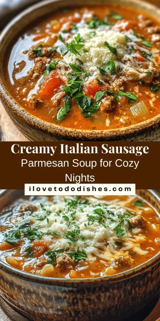 Warm up your chilly evenings with a bowl of Hearty Velvety Italian Sausage Parmesan Soup. This soul-satisfying recipe combines Italian sausage, fresh spinach, aromatic vegetables, and creamy goodness, making it the perfect comfort food. Loaded with rich flavors and nutrients, it's both delicious and nutritious. Whether for a cozy night in or impressing guests, this soup is sure to delight everyone. Try it and experience the warmth! #SoupRecipes #ComfortFood #ItalianCuisine #HealthyEating #HomeCooking