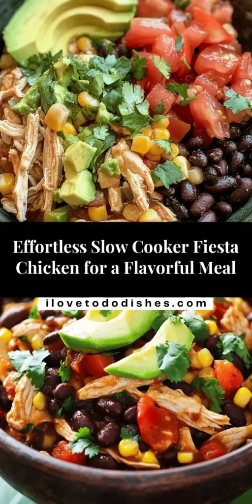 Discover the deliciousness of Slow Cooker Fiesta Chicken, a vibrant and hassle-free dish inspired by Southwestern flavors. This recipe combines tender chicken thighs, hearty black beans, sweet corn, and zesty spices, all perfectly cooked in a slow cooker. Enjoy a nutritious meal that is rich in protein and fiber, making it ideal for busy schedules. Elevate your dining with fun toppings and serve alongside warm tortillas or rice for a complete experience! #SlowCooker #FiestaChicken #SouthwesternCuisine #HealthyRecipes #EasyDinner #MealPrep #ComfortFood