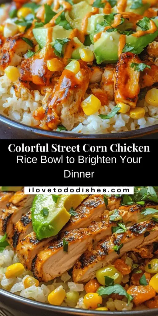 Discover the deliciousness of the Street Corn Chicken Rice Bowl! This vibrant dish blends tender grilled chicken, sweet corn, creamy avocado, and a zesty lime dressing, creating a satisfying meal that’s perfect for any occasion. It's a fusion of street food flavors that brings a taste of summer to your kitchen. Easy to prepare with fresh ingredients, this bowl is a feast for both the eyes and taste buds! #StreetCorn #RiceBowl #Foodie #HealthyEating #RecipeIdeas #FusionCuisine