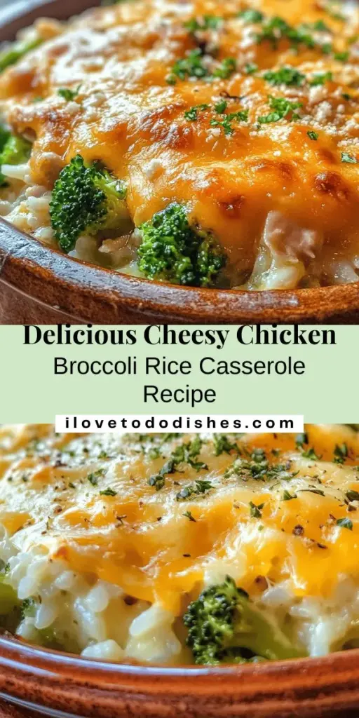 Looking for a comforting family dinner? Try this Cheesy Chicken Broccoli Rice Casserole that's packed with tender chicken, vibrant broccoli, and gooey cheese! It's a deliciously satisfying dish perfect for busy weeknights. You can customize it to your family's taste with different veggies or proteins. Easy to prep ahead and reheat, it’s an ideal choice for feeding a crowd. Make mealtime memorable with this classic recipe! #Casserole #ComfortFood #FamilyDinner #CheesyChickenBroccoliRiceCasserole #EasyRecipes #MealPrep