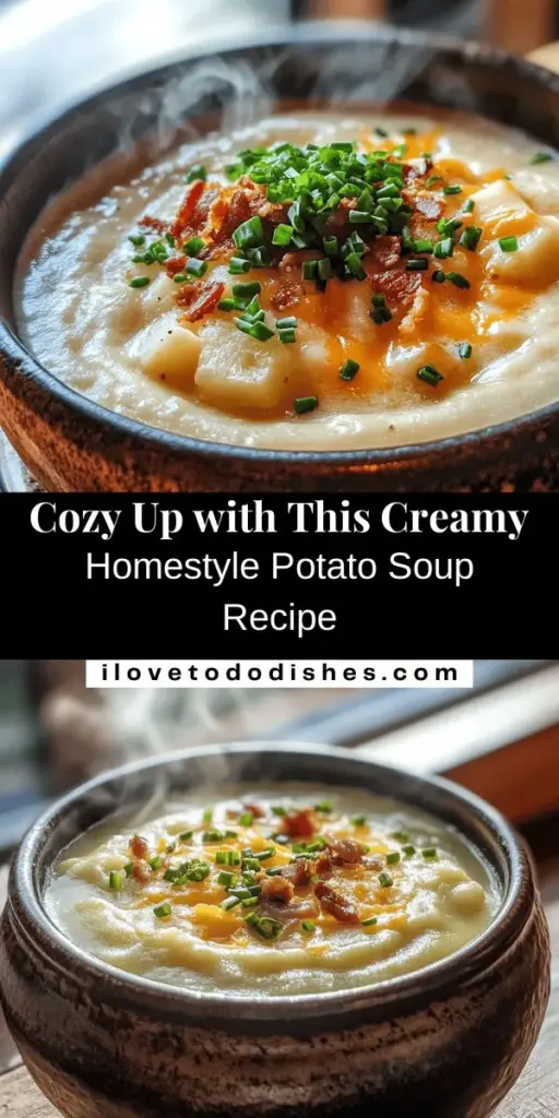 Warm up this season with a bowl of creamy homestyle potato soup! This comforting recipe combines russet potatoes, sautéed onions, and garlic, blended to perfection with heavy cream for a rich taste. Customize it with cheddar cheese, crispy bacon, or fresh herbs for added flair. Perfect for cozy gatherings or a nourishing family dinner. Get ready to enjoy every spoonful! #PotatoSoup #ComfortFood #SoupRecipe #HomestyleCooking #CozyMeals