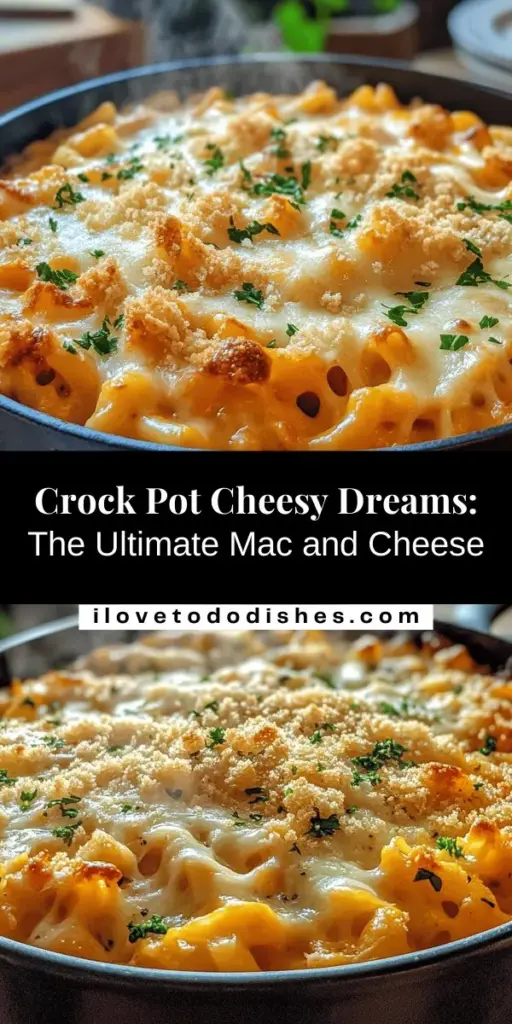 Indulge in Cheesy Dreams in a Pot, a delightful twist on classic macaroni and cheese that's perfect for gatherings or cozy family dinners. This comforting recipe combines sharp cheddar, mozzarella, and cream cheese for a creamy, flavorful dish, all conveniently made in a crock pot. With simple ingredients and an effortless preparation, you can savor every bite without spending hours in the kitchen. Perfect for creating warm memories around the table! #ComfortFood #MacandCheese #CheesyDreams #CrockPotRecipe #FamilyDinner #EasyRecipes #FoodieFavorites