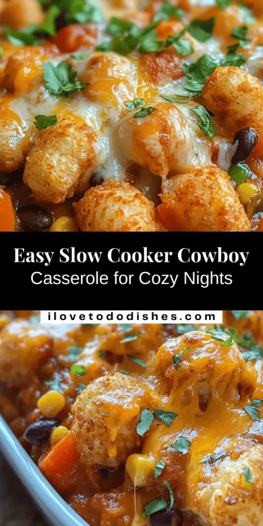 Warm up your weeknights with a Hearty Slow Cooker Cowboy Casserole, a delicious Tex-Mex dish that combines comfort food favorites. This easy-to-make casserole features ground meat, colorful veggies, and crispy tater tots, all slow-cooked to perfection. Perfect for busy families or gatherings, it’s nutritious and adaptable to any dietary needs. Check out the recipe and elevate your dinner game tonight! #SlowCookerRecipes #CowboyCasserole #TexMex #ComfortFood #EasyMeals #FamilyDinner