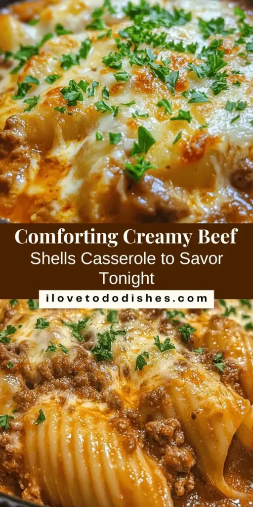 Discover the ultimate comfort food with this Creamy Beef Shells Casserole recipe! Perfect for family dinners, this hearty dish combines creamy cheese, seasoned ground beef, and jumbo pasta shells for a delightful meal that will warm your hearts and fill your bellies. Easy to make and a crowd-pleaser, it’s perfect for any occasion. Dive into this satisfying casserole that promises to become a beloved staple in your home! #Casserole #ComfortFood #BeefRecipes #FamilyDinner #HomeCooking #EasyMeals