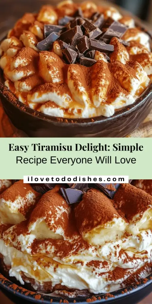 Indulge in the rich and creamy goodness of Super Easy Tiramisu Delight! This simplified version of the classic Italian dessert combines coffee-soaked ladyfingers and velvety mascarpone cheese for a delightful taste without the fuss. Perfect for busy bakers or last-minute gatherings, this recipe ensures a treat that's sure to impress. Don't forget to add a dusting of cocoa and dark chocolate shavings for the perfect finishing touch! #Tiramisu #Dessert #Baking #ItalianRecipes #EasyRecipes #Chocolate #CoffeeFlavors #HomemadeDelight