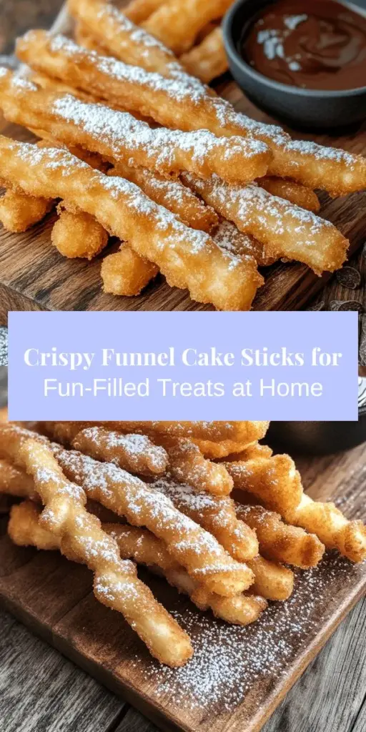 Indulge in the fun and flavor of homemade crispy funnel cake sticks! These delightful treats are a modern twist on the classic fair favorite, perfect for any occasion from birthday parties to family movie nights. Easy to make and customize with your favorite toppings and dipping sauces, they promise both nostalgia and deliciousness. Bring the carnival vibe to your kitchen today! #FunnelCakeSticks #HomemadeTreats #CarnivalFood #SweetSnacks #FoodieFun