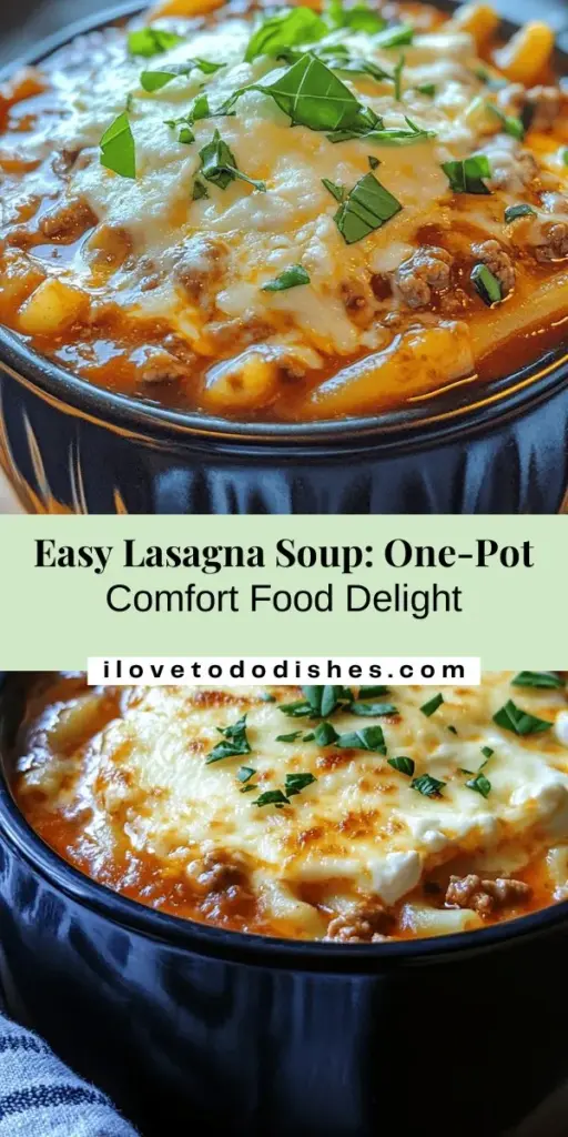 Discover the ultimate comfort food with this easy lasagna soup recipe! This one-pot meal brings together the classic flavors of lasagna in a warm, hearty soup that is perfect for busy weeknights or family gatherings. Loaded with rich meat, aromatic vegetables, and gooey cheese, it's a dish everyone will love. Plus, it's customizable to fit any dietary needs. Try it today and enjoy a cozy bowl of deliciousness! #LasagnaSoup #ComfortFood #OnePotMeal #EasyRecipes #HomemadeDinner #CozyEats #MealPrep