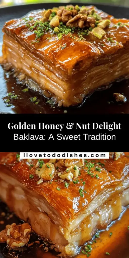 Experience the sweet and flaky delight of Golden Honey & Nut Delight Baklava! This traditional Middle Eastern dessert combines layers of crispy phyllo dough with a rich filling of walnuts and pistachios, all soaked in a luscious honey syrup. Perfect for celebrations or a cozy treat at home, this baklava recipe brings joy and indulgence to your table. Savor the flavors and impress your guests! #Baklava #Dessert #SweetTreat #BakingJoy #MiddleEasternCuisine #Foodie #RecipeIdeas