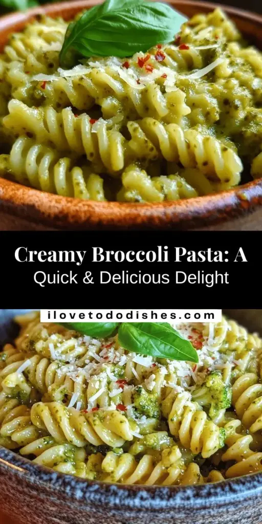 Discover the Creamy Broccoli Pasta Delight, a delicious and nutritious dish that brings comfort to your table. This recipe combines tender pasta with vibrant broccoli in a rich, creamy sauce, making it perfect for busy weeknights or relaxing weekends. With its versatility, you can easily adapt it to suit various dietary needs. Whip up this satisfying meal quickly and enjoy a wholesome, flavorful experience! #Pasta #Broccoli #ComfortFood #HealthyEating #QuickMeals #VegetarianRecipes