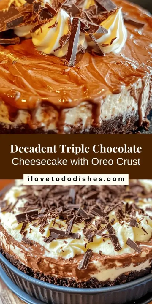 Indulge in the ultimate dessert experience with this Triple Chocolate Cheesecake featuring a delicious Oreo crust! Perfect for any celebration or just a sweet treat, this rich cheesecake combines layers of semisweet, dark, and white chocolate for a decadent flavor explosion. The crunchy Oreo crust adds the perfect contrast to the creamy filling. Try this show-stopping recipe and impress family and friends today! #ChocolateCheesecake #OreoCrust #DessertLovers #BakingJoy #SweetTreats #IndulgentDesserts