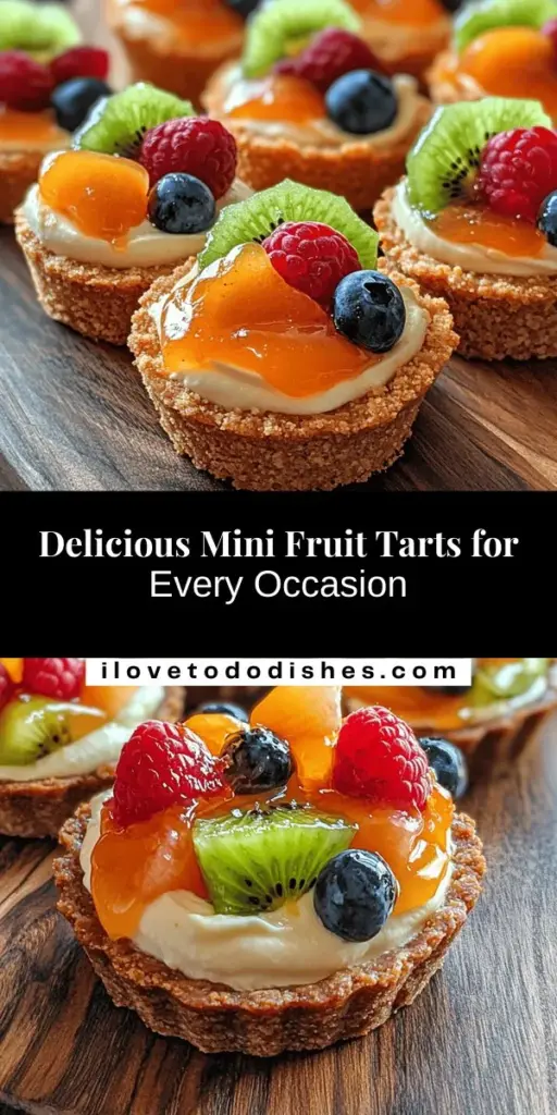 Indulge in the sweet elegance of mini fruit tarts, the perfect dessert for any occasion! With a buttery crust, creamy filling, and a colorful array of fresh fruits, these delightful treats are as beautiful as they are delicious. Easy to customize for birthdays, picnics, or family gatherings, they offer a refreshing balance of flavors and textures. Impress your guests and elevate your dessert game with this simple recipe! #MiniFruitTarts #DessertRecipes #FruitTarts #BakingJoy #PartyTreats