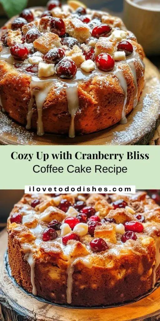 Bake a delightful Cranberry Bliss Coffee Cake that's perfect for any occasion! This cozy treat combines tart cranberries and creamy white chocolate for a flavor experience that warms the heart. Ideal for brunches, holiday gatherings, or a quiet afternoon, this easy-to-make cake is sure to impress. Follow our step-by-step guide to create this stunning dessert with a crunchy topping and heavenly glaze. Enjoy a slice with coffee or tea! #CranberryBliss #CoffeeCake #BakingJoy #DessertRecipe #HolidayBaking #CozyTreats