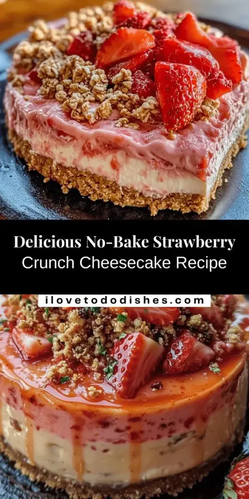 Satisfy your sweet tooth this summer with a No-Bake Strawberry Crunch Cheesecake! This delightful dessert features a creamy filling made with fresh strawberries, all resting on a buttery graham cracker crust and topped with a crunchy granola mix. Perfect for barbecues or family gatherings, it's easy to make and requires no baking. Indulge in this refreshing treat that captures the essence of summer! #NoBakeCheesecake #StrawberryDessert #SummerTreats #EasyRecipes #DessertLovers