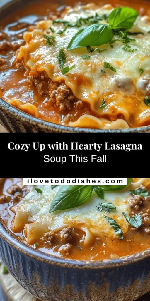 Warm up on chilly nights with this Cozy Hearty Lasagna Soup! This comforting dish combines all the classic flavors of lasagna into a delicious one-pot meal that's easy to make and even easier to enjoy. Featuring ground meat, rich tomatoes, and a creamy cheese blend, each bowl is packed with heartwarming goodness. Perfect for busy weeknights or cozy weekends with family! #LasagnaSoup #ComfortFood #OnePotMeal #CozyCooking #EasyRecipes