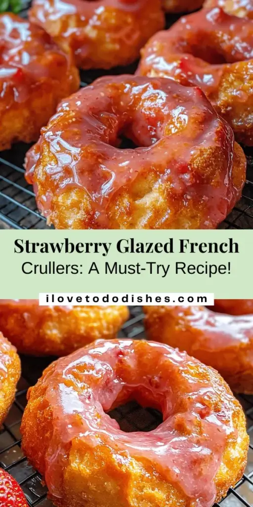 Dive into the delicious world of homemade Strawberry Glazed French Crullers! This step-by-step recipe guides you through creating these light and airy pastries with a luscious strawberry glaze. Perfect for breakfast or dessert, these crullers are made with fresh ingredients and offer a unique twist on traditional doughnuts. Experience the joy of baking from scratch and delight your friends and family with these delightful treats! #FrenchCrullers #Baking #Dessert #StrawberryGlaze #HomemadePastries #SweetTreats #Recipe