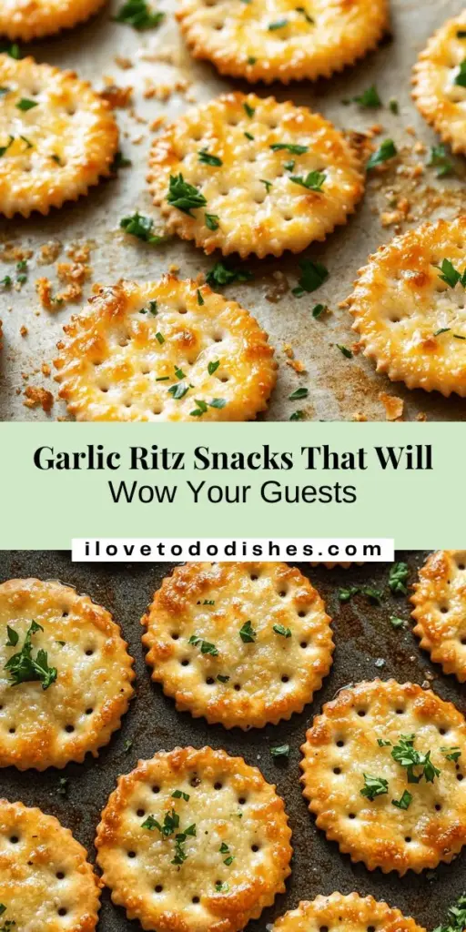 Discover the savory delight of Garlic Ritz Snacks! These easy-to-make bites turn ordinary Ritz crackers into a gourmet appetizer with a perfect mix of garlic, butter, and Parmesan. Ideal for any occasion, they’re customizable to suit your taste. Serve them at parties or movie nights for an irresistible treat that leaves everyone craving more. Try them out and elevate your snacking game! #GarlicRitzSnacks #SnackIdeas #Appetizer #EasyRecipes #PartyFood #YummySnacks